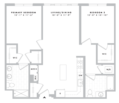 Floor plan for 2 beds, 2 baths, 1112 sqft